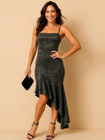 Asymmetrical Velvet Cami Dress with Ruffle Hem