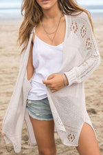 Openwork Side Slit Open Front Long Sleeve Cardigan - Amexza