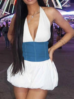 Halter Deep V-Neck Color Block Mini Dress