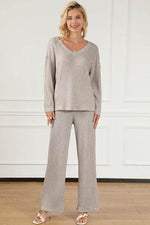 Ribbed V-Neck Top and Pants Lounge Set Light Gray for a perfect OOTD – dress to impress outfits from Amexza