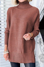 Ribbed Turtleneck Dropped Shoulder Pullover Sweater Brick Red for a perfect OOTD – dress to impress outfits from Amexza