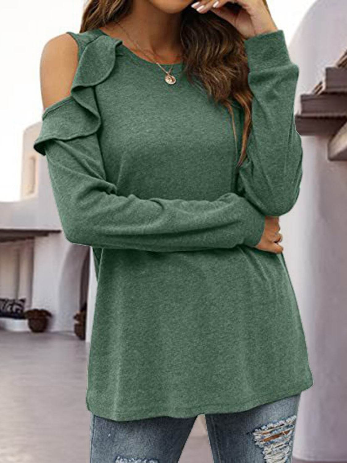 Round Neck Ruffled Cold-Shoulder Blouse - Amexza