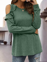 Round Neck Ruffled Cold-Shoulder Blouse - Amexza