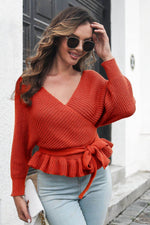Tie Waist Ruffle Hem Sweater Orange-Red for a perfect OOTD – dress to impress outfits from Amexza