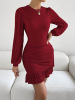 Ruffled Round Neck Long Sleeve Mini Dress - Amexza