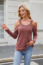 Ribbed Cold Shoulder Long Sleeve Top - Amexza