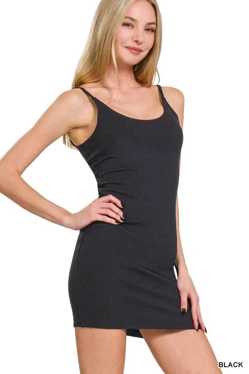Zenana Ponte Spaghetti Strap Bodycon Mini Dress BLACK for a perfect OOTD – dress to impress outfits from Amexza