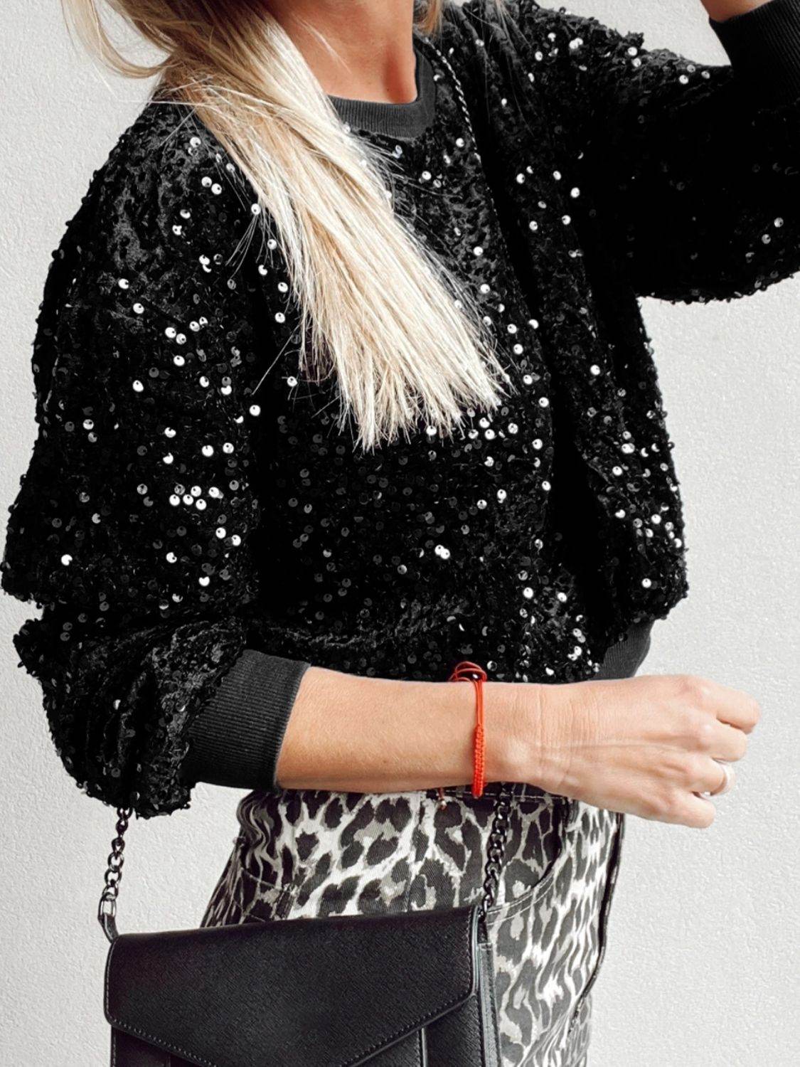 Sequin Round Neck Long Sleeve Blouse - Amexza