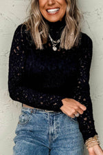Crochet Turtleneck Long Sleeve Top - Amexza