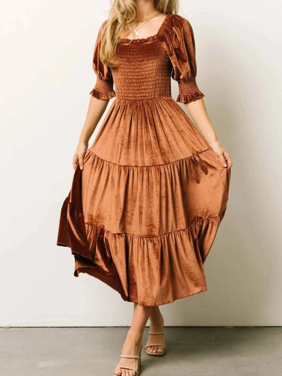 Smocked Half Sleeve Tiered Midi Dress