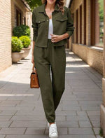 Plaid Texture Snap Down Top and Pants Set Army Green for a perfect OOTD – dress to impress outfits from Amexza