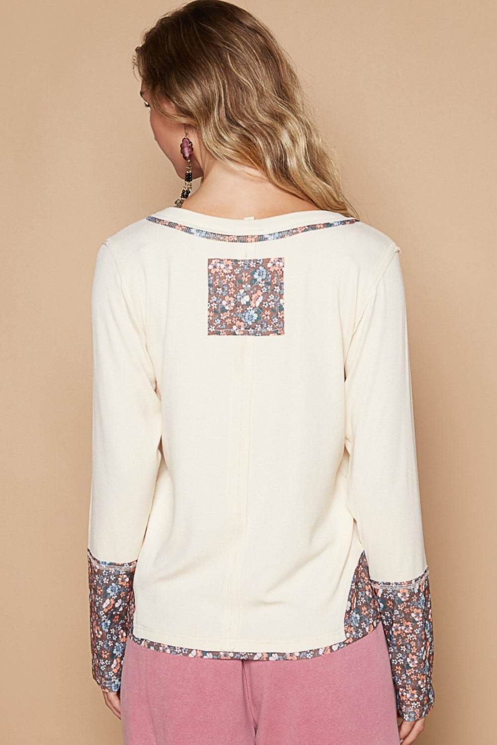 POL V-Neck Long Sleeve Floral Number Patch T-Shirt - Amexza
