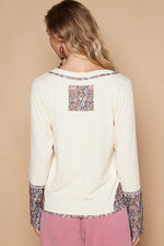 POL V-Neck Long Sleeve Floral Number Patch T-Shirt - Amexza