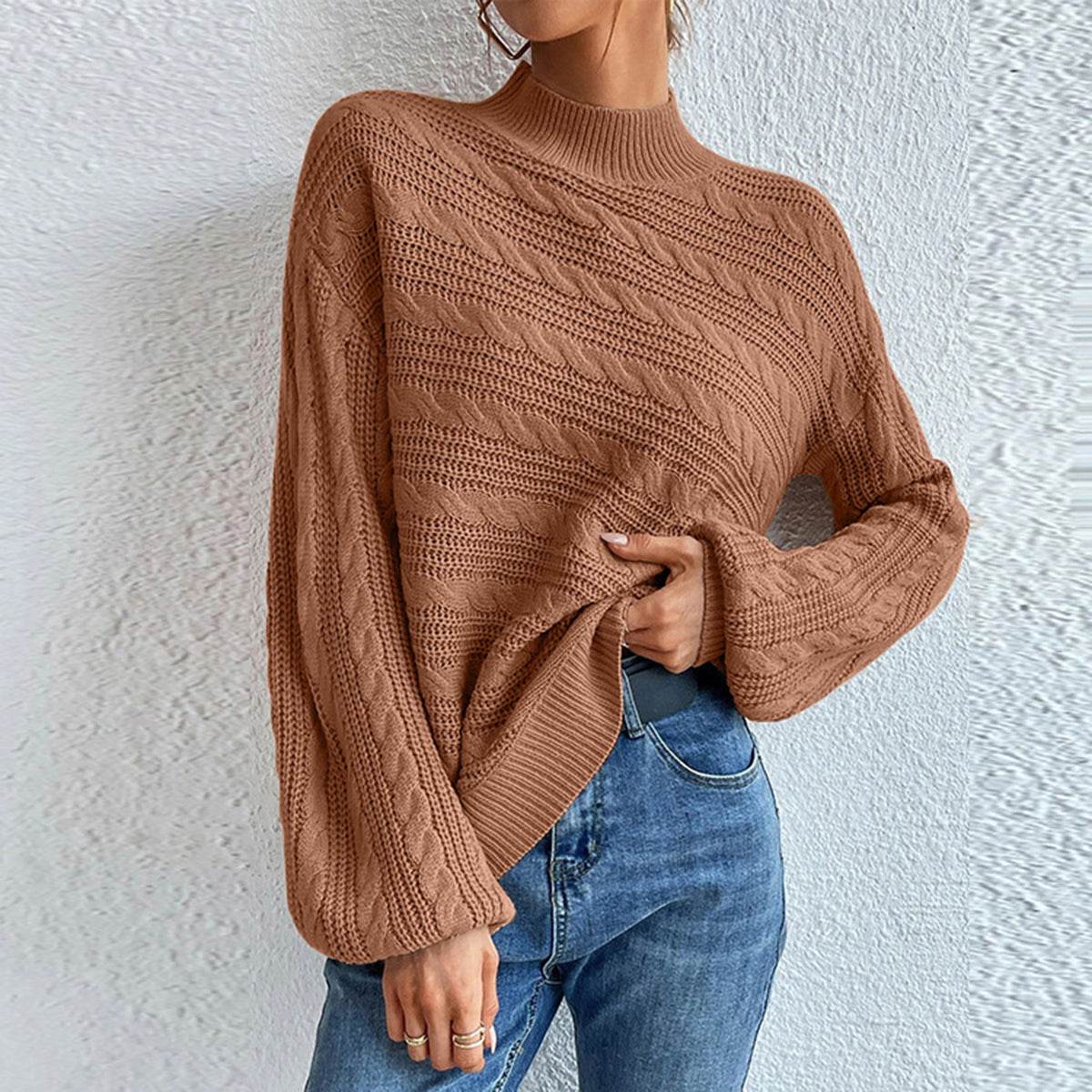 Cable-Knit Mock Neck Long Sleeve Sweater Caramel for a perfect OOTD – dress to impress outfits from Amexza