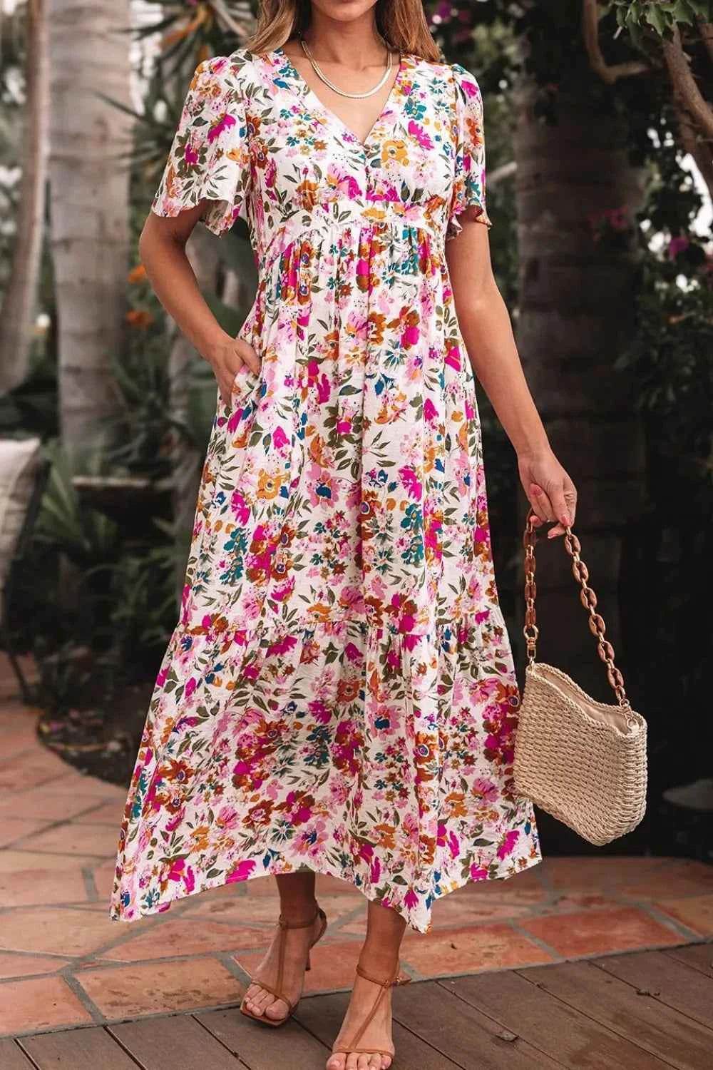 Floral Short Sleeve V Neck Dress with Pockets for a perfect OOTD – dress to impress outfits from Amexza