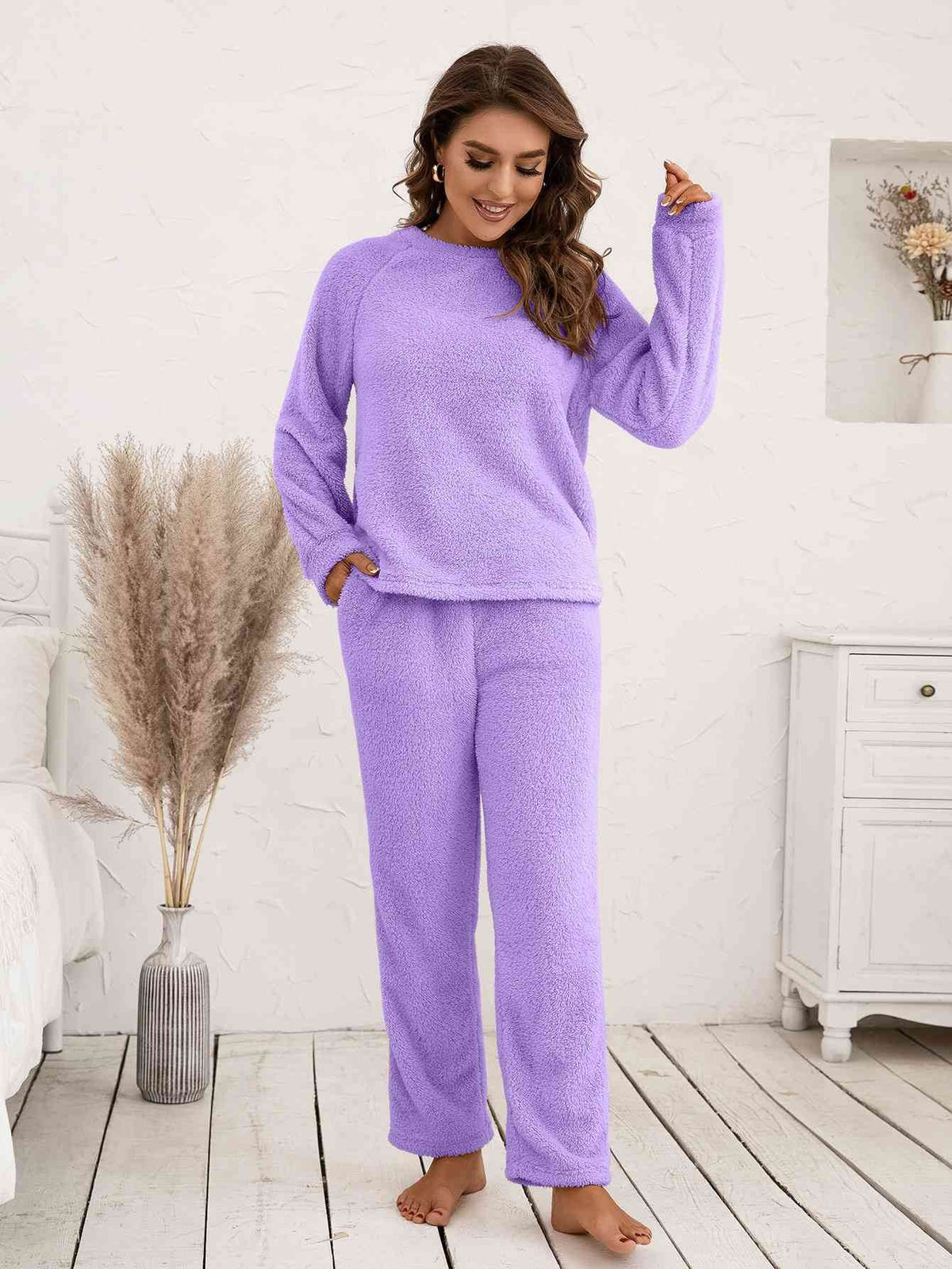 Ivy Lane Teddy Long Sleeve Top and Pants Lounge Set Lavender for a perfect OOTD – dress to impress outfits from Amexza