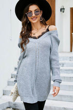 Openwork V-Neck Long Sleeve Sweater Light Gray for a perfect OOTD – dress to impress outfits from Amexza