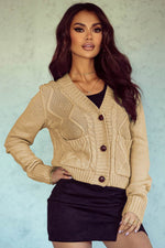 Cable-Knit Button Down V-Neck Cardigan - Amexza