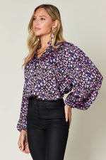 Double Take Full Size Printed Balloon Sleeve Shirt - Amexza