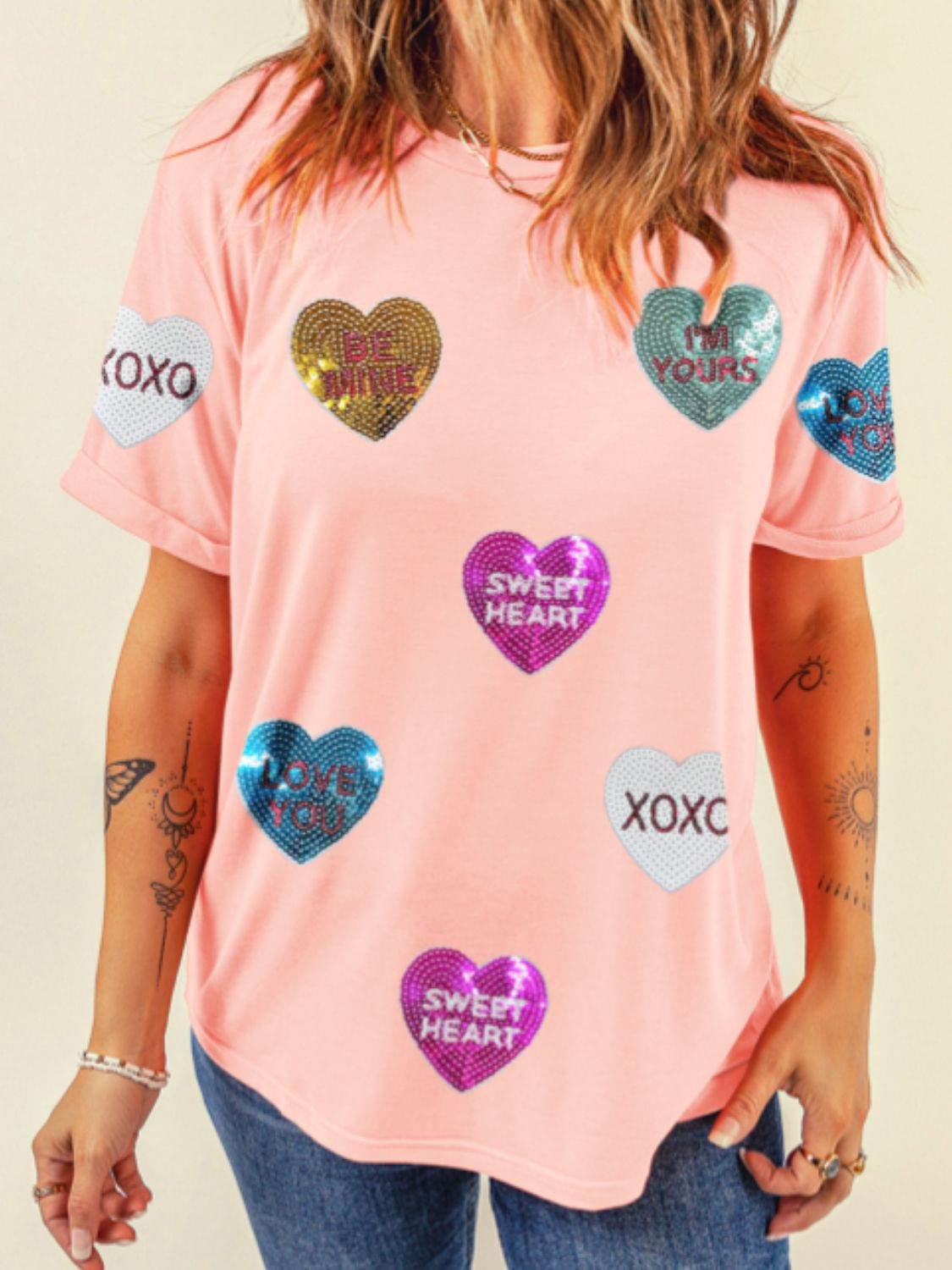 Valentine’s Day Sequin Heart Round Neck Short Sleeve T-Shirt - Amexza