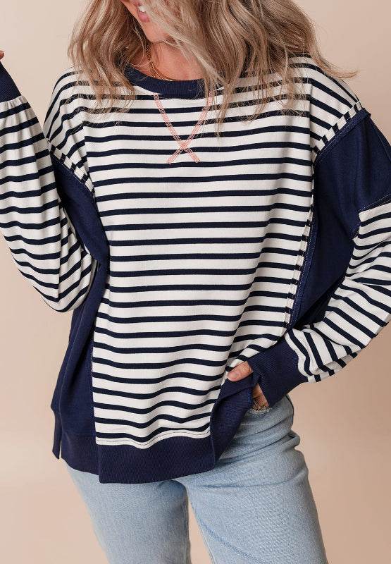 Exposed Seam Striped Long Sleeve Sweatshirt for a perfect OOTD – dress to impress outfits from Amexza