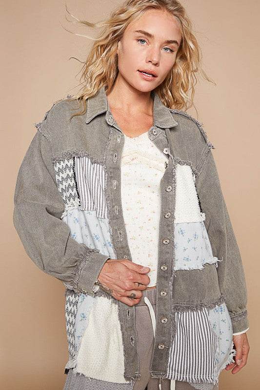 POL Raw Hem Patchwork Dropped Shoulder Jacket - Amexza