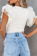 Ruffled Round Neck Cap Sleeve Blouse - Amexza