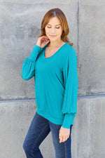 Basic Bae Full Size V-Neck Lantern Sleeve Top - Amexza