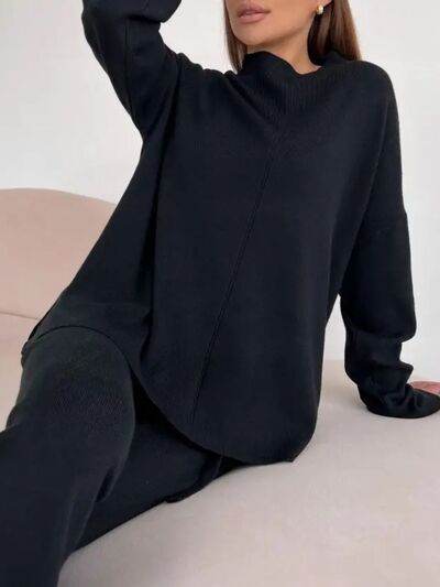 Slit Mock Neck Top and Pants Sweater Set for a perfect OOTD – dress to impress outfits from Amexza