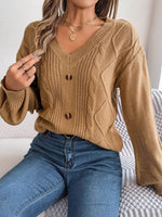 Cable-Knit Buttoned V-Neck Sweater for a perfect OOTD – dress to impress outfits from Amexza