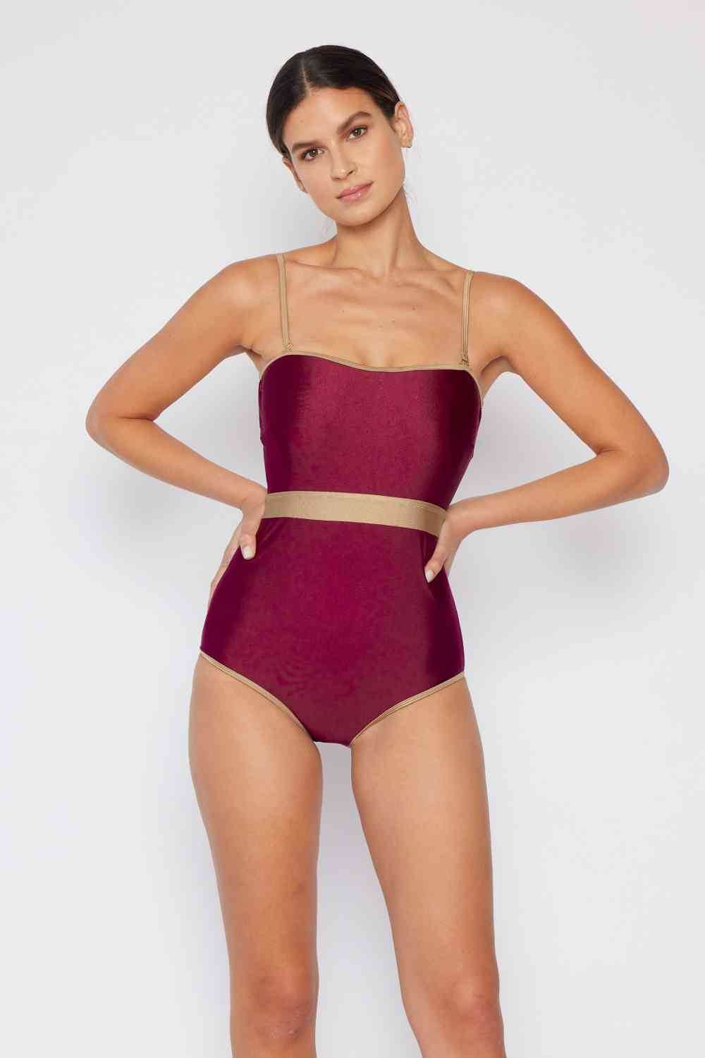 Marina West Swim Wave Break Contrast Trim One-Piece in Wine for a perfect OOTD – dress to impress outfits from Amexza