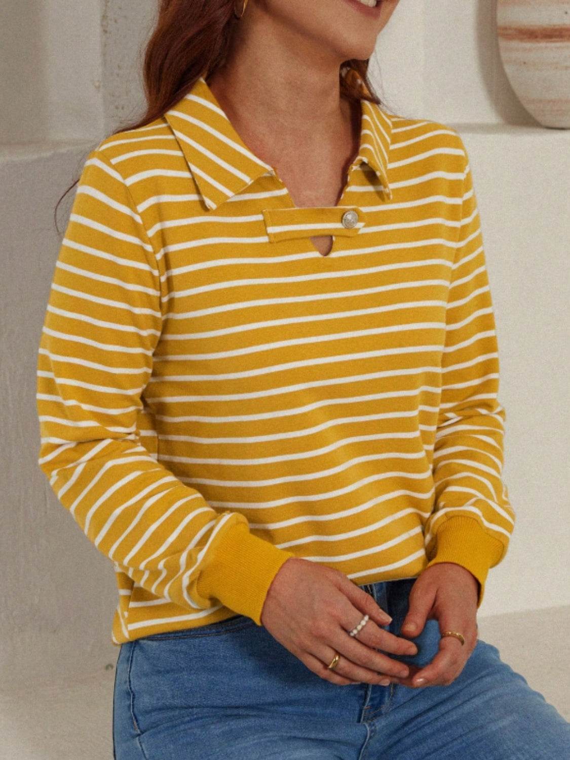 Striped Johnny Collar Long Sleeve T-Shirt - Amexza