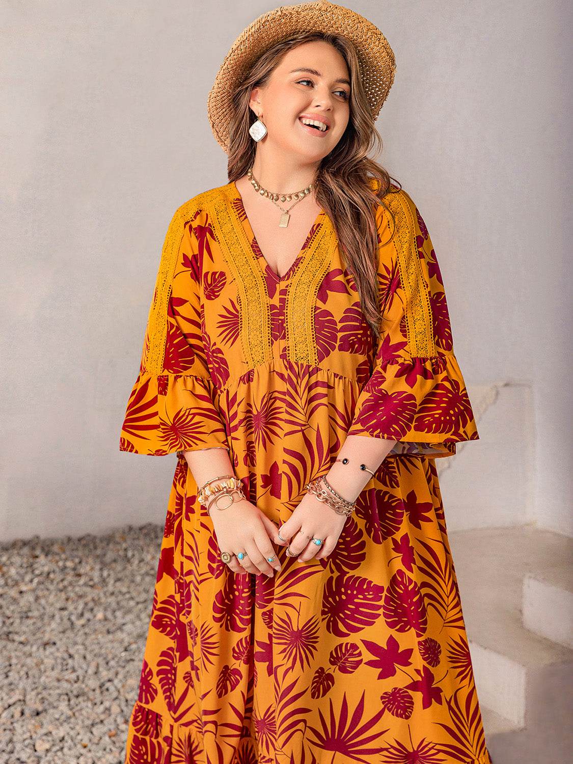 Plus Size Lace Detail Printed V-Neck Maxi Dress - Amexza