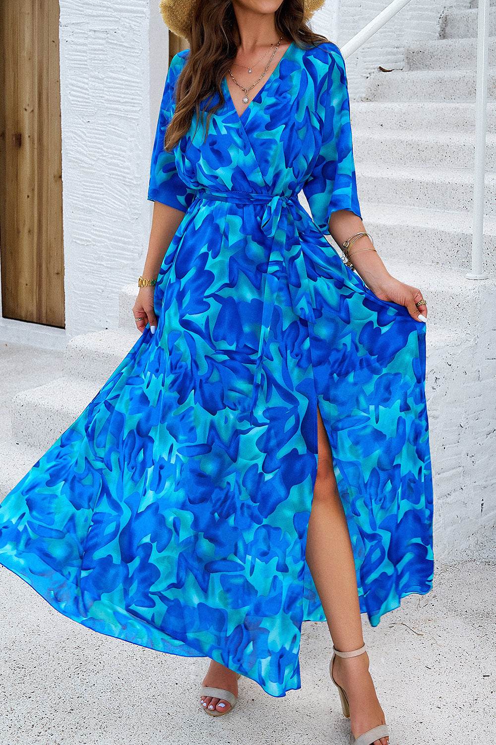 Devine Printed Tied Half Sleeve Slit Dress - Amexza
