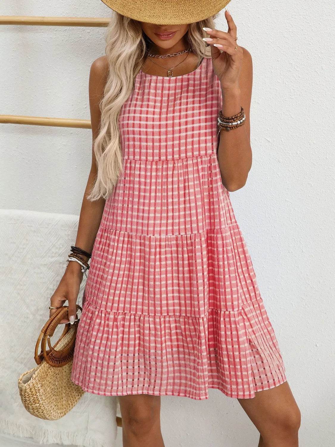 Plaid Round Neck Sleeveless Mini Dress for a perfect OOTD – dress to impress outfits from Amexza