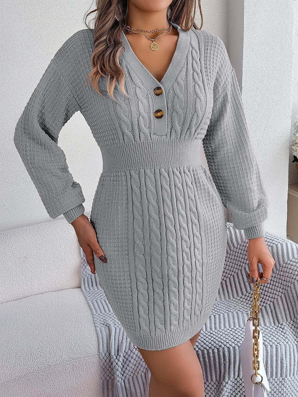 Buttoned Cable-Knit V-Neck Sweater Dress for a perfect OOTD – dress to impress outfits from Amexza