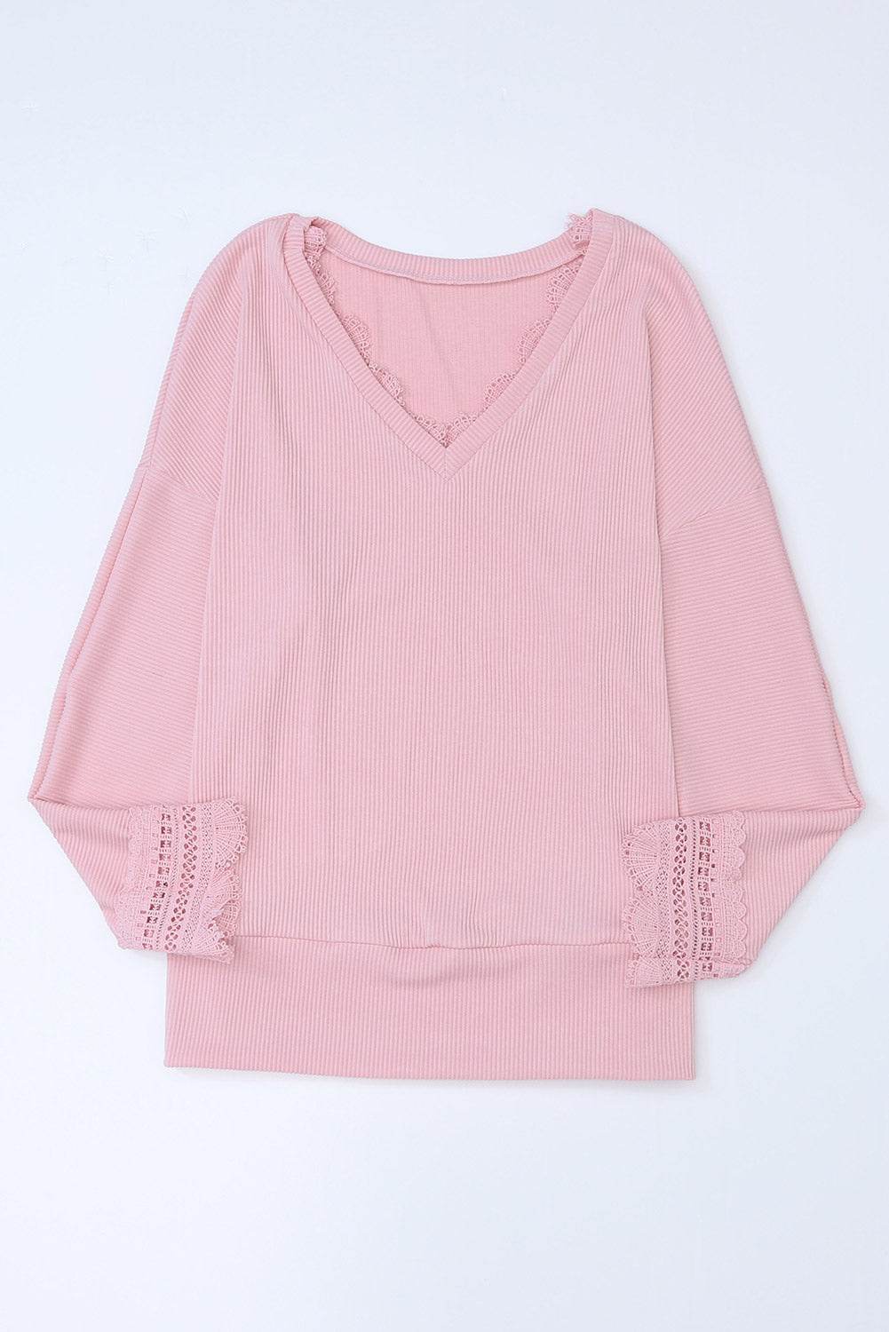 Lace Detail V-Neck Long Sleeve T-Shirt - Amexza