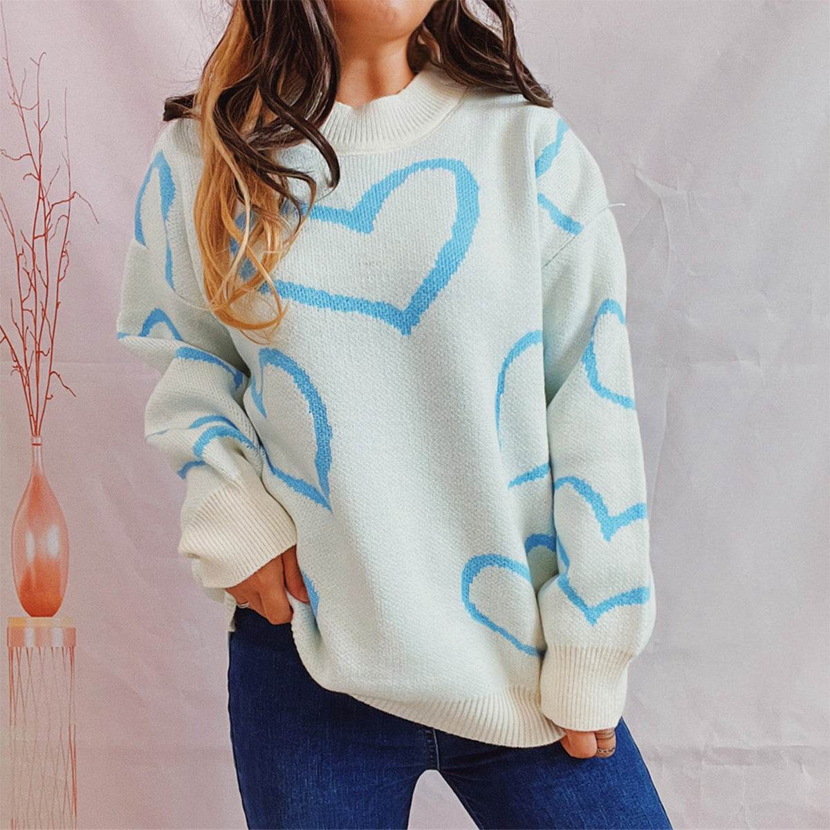Heart Pattern Long Sleeve Sweater Pastel Blue for a perfect OOTD – dress to impress outfits from Amexza