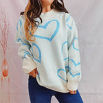Heart Pattern Long Sleeve Sweater Pastel Blue for a perfect OOTD – dress to impress outfits from Amexza