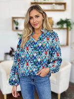 Double Take Full Size Printed Balloon Sleeve Blouse - Amexza