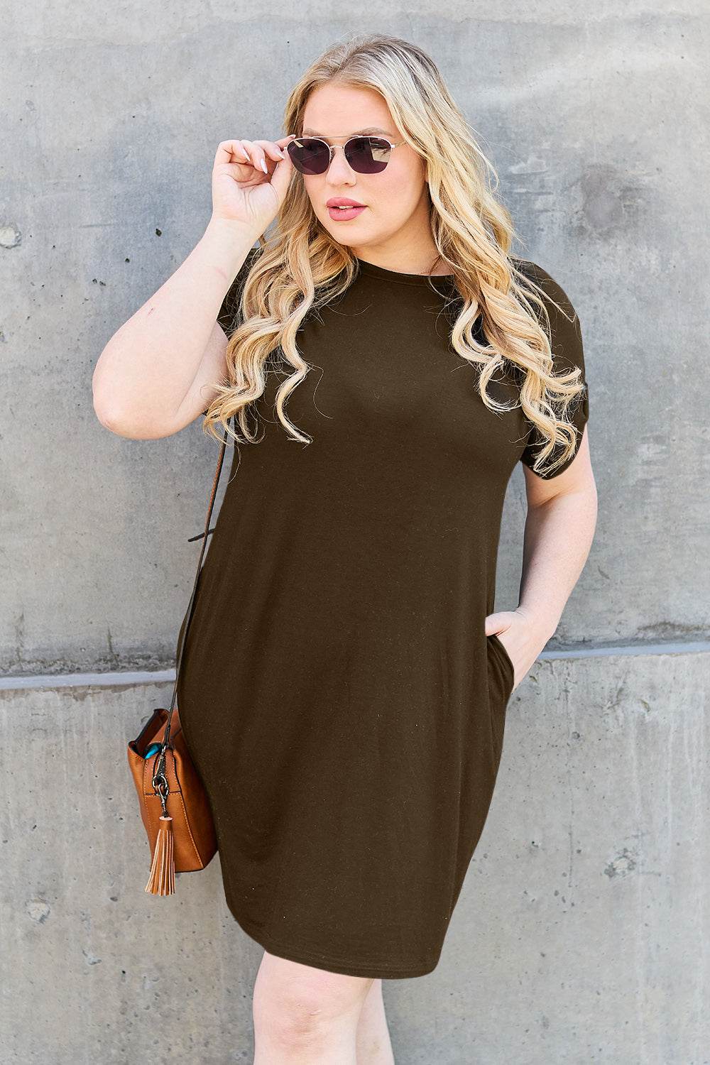 Basic Bae Full Size Round Neck Short Sleeve Dress with Pockets - Amexza