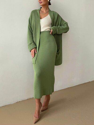 Pocketed Long Sleeve Cardigan and Skirt Sweater Set for a perfect OOTD – dress to impress outfits from Amexza