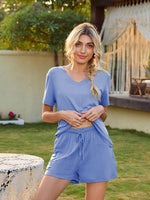 V-Neck Short Sleeve Top and Pocketed Shorts Lounge Set for a perfect OOTD – dress to impress outfits from Amexza