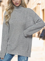 Turtleneck Drop Shoulder Long Sleeve Sweater Dark Gray for a perfect OOTD – dress to impress outfits from Amexza