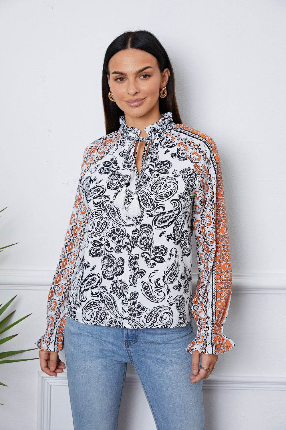 Tassel Tie Neck Printed Smocked Long Sleeve Blouse White for a perfect OOTD – dress to impress outfits from Amexza