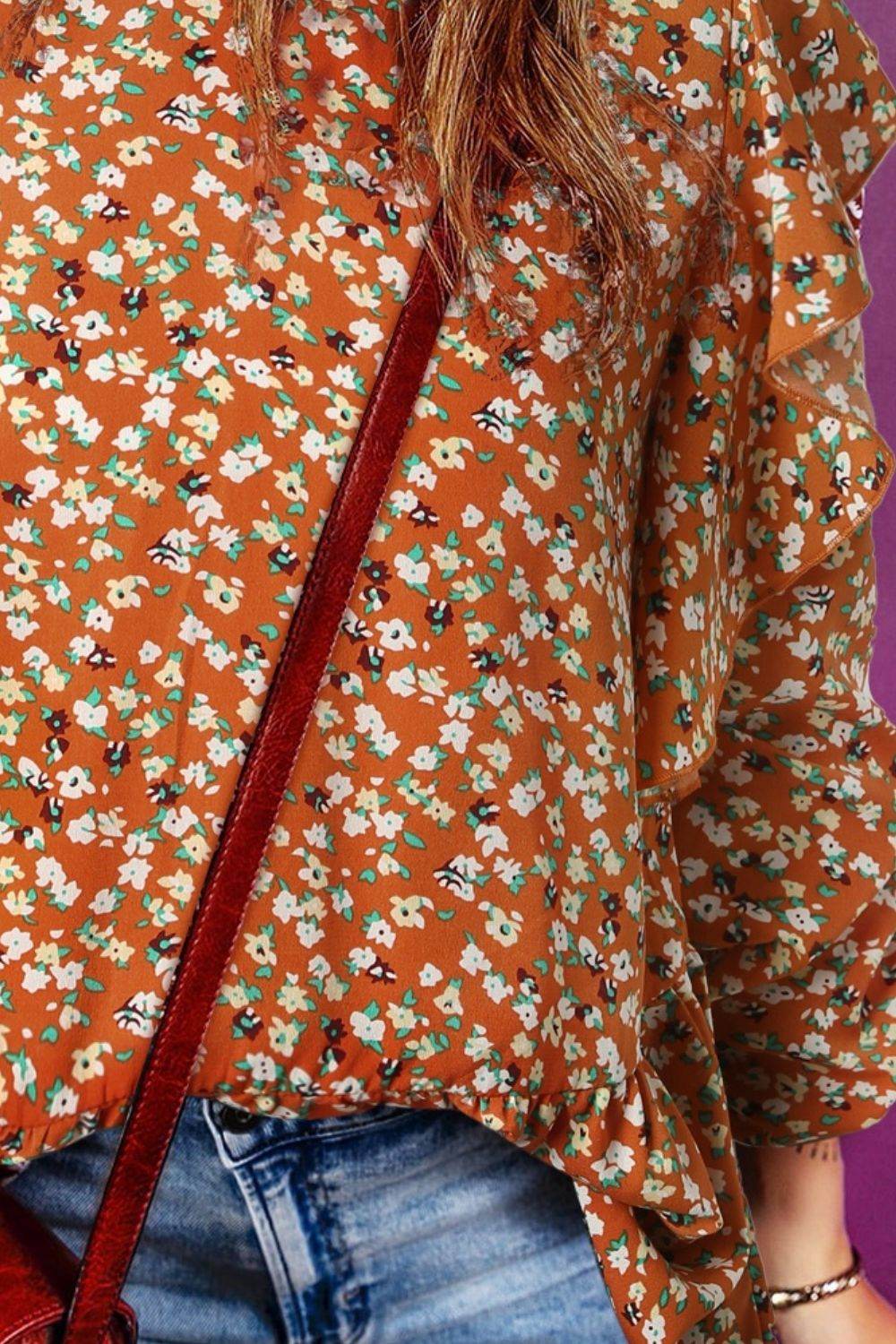 Floral Ruffled Long Sleeve Blouse - Amexza