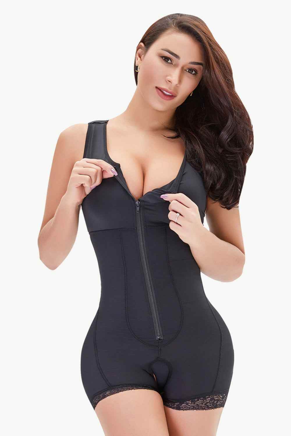 Full Size Zip-Up Scoop Neck Lace Trim Shapewear Black for a perfect OOTD – dress to impress outfits from Amexza