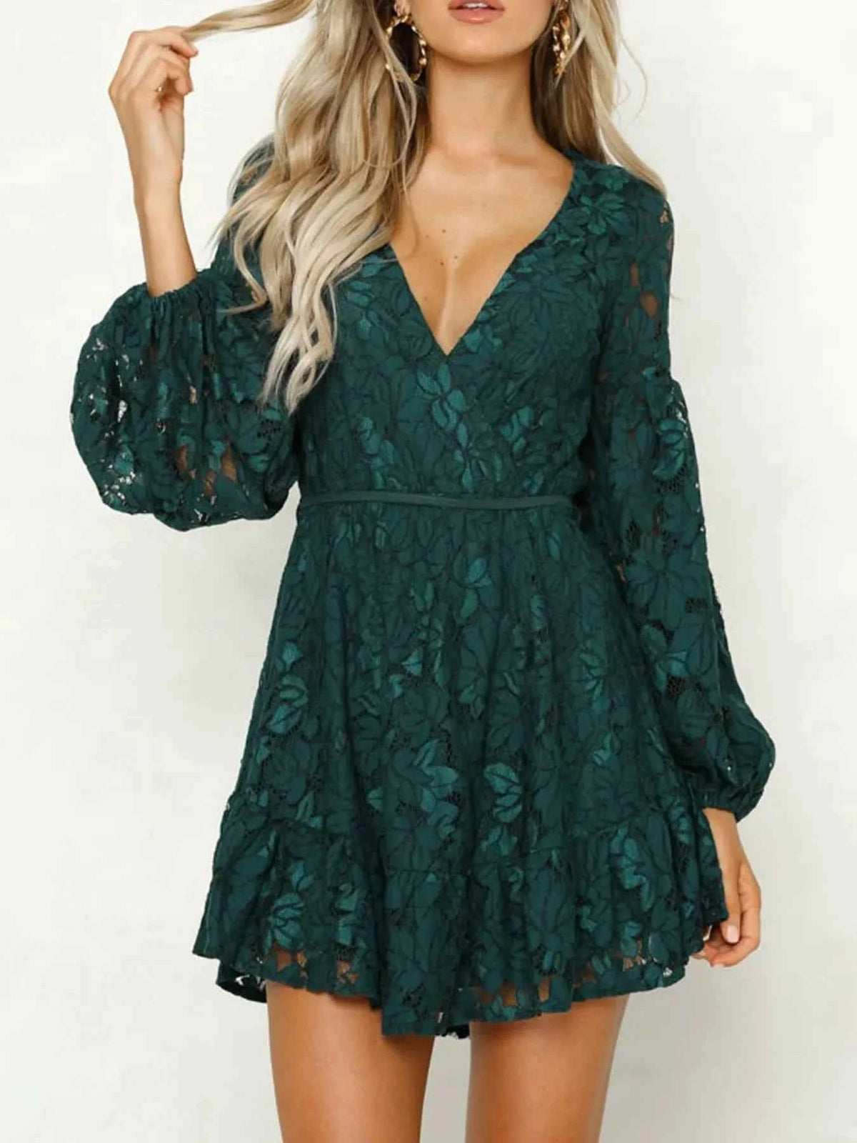 Lace V-Neck Long Sleeve Mini Dress
