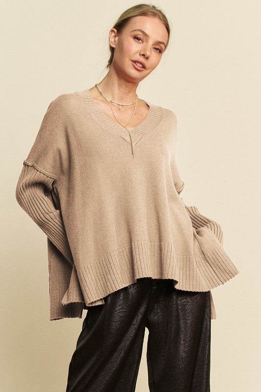 Davi & Dani Ribbed Side Slit V-Neck Sweater Tan for a perfect OOTD – dress to impress outfits from Amexza
