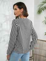 Striped Long Sleeve Notched Blouse - Amexza